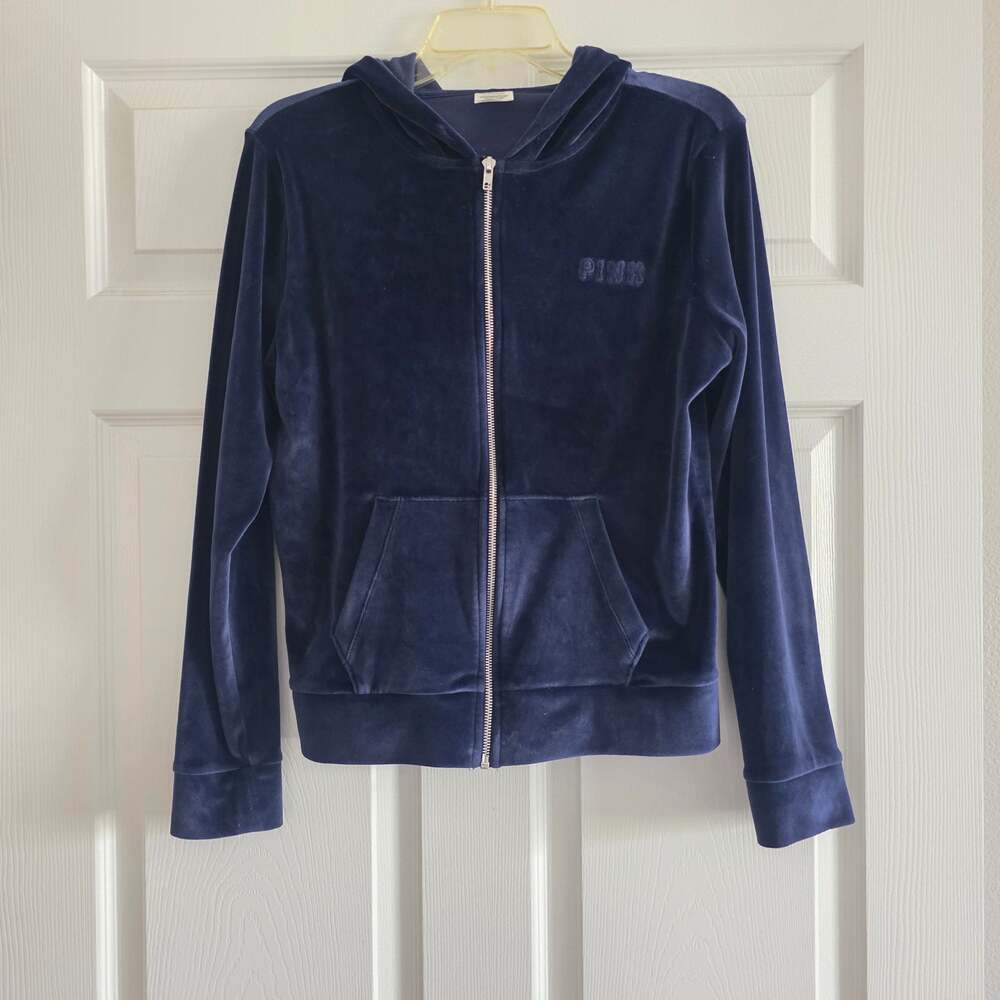 PINK Victoria's Secret Navy Blue Velour Full Zip Hoodie Size Small